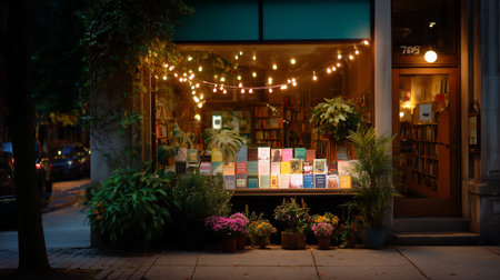 Cozy bookshop at night with warm lights and colorful displays in downtown areaの素材
