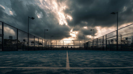 Dark clouds loom over the empty tennis court before a rainstorm in the late afternoonの素材
