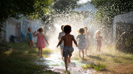 Children play in the summer sun enjoying splashes of water during a warm afternoonの素材