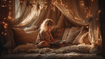 Child reading a book in a cozy indoor fort at twilight with warm lightsの素材