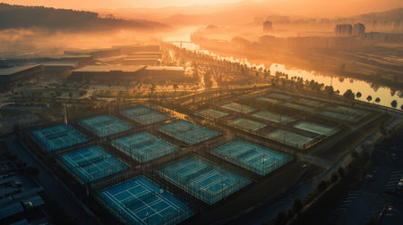 Sunrise over tennis courts beside a river with mountains in the backgroundの素材