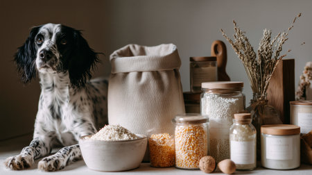 Dog sitting beside various jars and bowls of natural ingredients on a wooden tableの素材