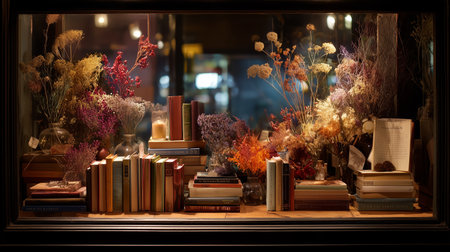Warm bookshop display featuring colorful flowers and classic literature at nightの素材