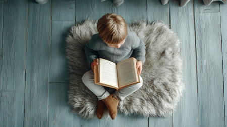 Child reading a book while sitting on a fluffy rug in a cozy roomの素材