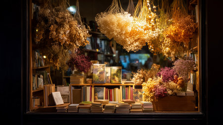 Cozy bookstore window display with dried flowers and books at twilightの素材