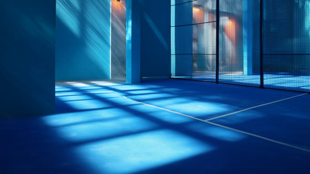 Bright blue indoor sports area with unique lighting and shadows on the floorの素材