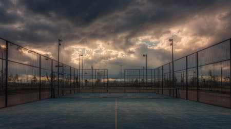 Dramatic sky over an empty tennis court during an approaching stormの素材