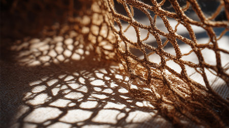 Intricate texture of woven fabric casting shadows on a surface in natural lightの素材