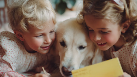 Two children share a joyful moment with a golden retriever in a cozy indoor settingの素材