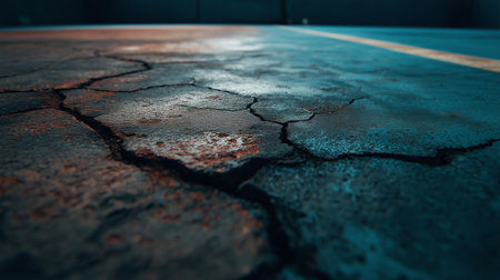 Cracked concrete floor with blue and orange lighting effects creating a dramatic atmosphereの素材