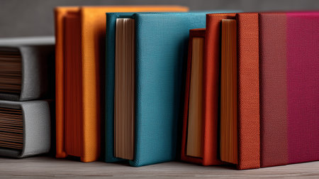 Colorful books neatly arranged on a wooden shelf highlighting different covers and texturesの素材