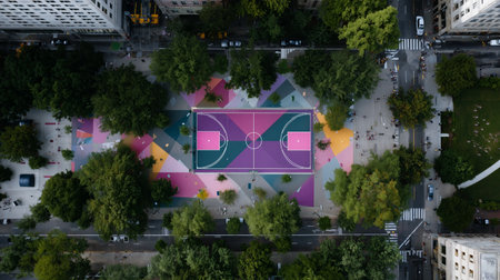Colorful basketball court surrounded by trees in an urban park during the dayの素材