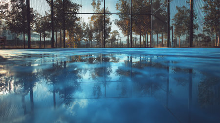 Paddle court with reflective blue surface and surrounding trees on a sunny dayの素材