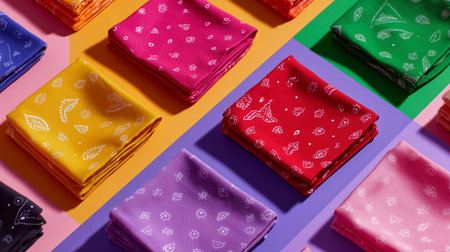 Colorful bandanas arranged neatly on vibrant backgrounds in various shadesの素材