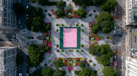 Vibrant urban park with beautiful flowers and a pink basketball court in a city settingの素材