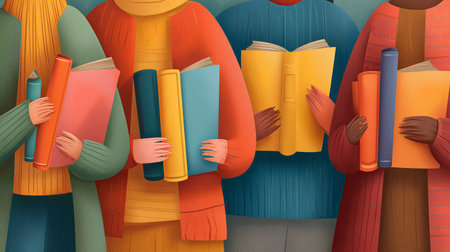 Group of people holding colorful books in a cozy indoor settingの素材