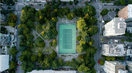 Green tennis court surrounded by trees and buildings in an urban park settingの素材