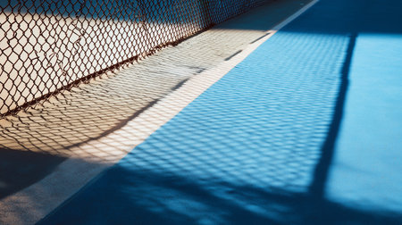 Shadows cast on a blue tennis court with a fence during afternoon lightの素材
