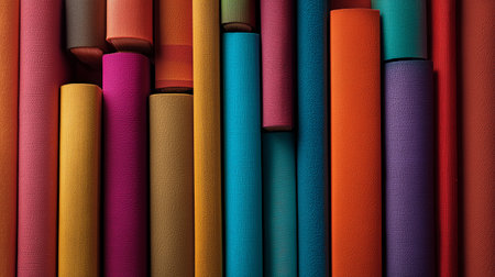 Colorful rolls of craft paper stacked neatly in a creative workspaceの素材