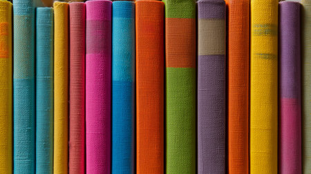 Colorful book spines lined up on a shelf in a cozy reading corner of a libraryの素材