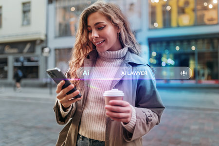 Woman using smartphone in city street with coffee cup and notificationの写真素材