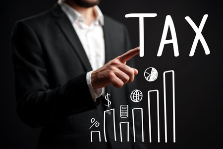 Businessman pointing at tax concept with graphs and dollar signs on black backgroundの写真素材