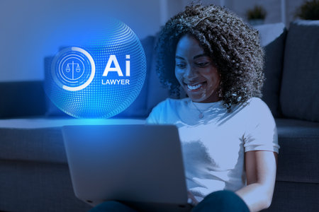 Woman using laptop to explore legal services related to AI technologyの写真素材