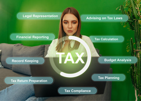 Young woman working on tax preparation while seated in a modern workspaceの写真素材