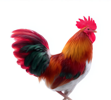 Colorful rooster standing proudly with vibrant feathers showcasing its beauty and charmの素材