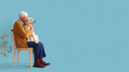 Elderly man with white hair sitting on a chair holding a dog in a bright blue roomの素材