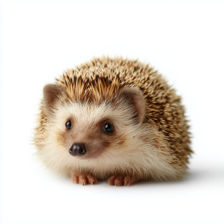 Cute hedgehog curled up on a white surface in natural light, showing its distinct featuresの素材