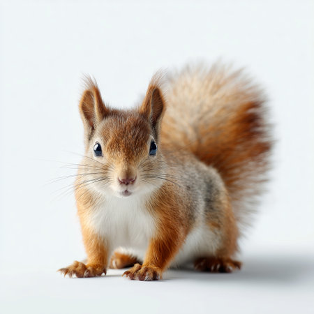 Squirrel standing on its hind legs with bushy tail in a bright light settingの素材