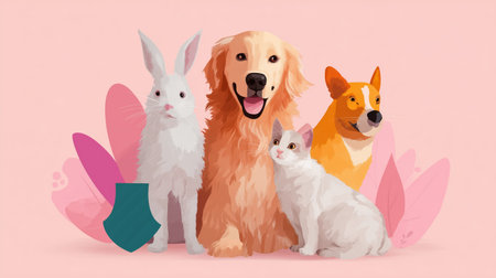 Pets gather happily in a cheerful pastel setting with colorful leaves and playful posesの素材