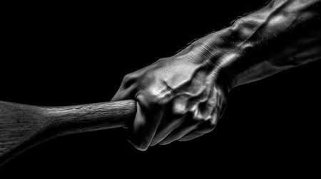 Strong hand gripping a wooden paddle in dramatic black and white lightingの素材