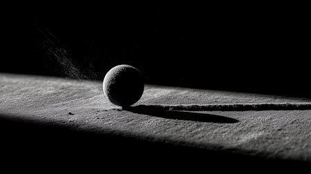 Black and white image capturing a ball bouncing on a textured surface with dust flyingの素材