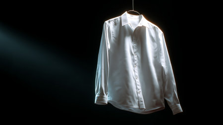 Elegant white dress shirt hanging in soft light on a dark backgroundの素材
