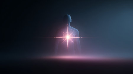 Creative digital artwork depicting a glowing figure in a misty environment at nightの素材