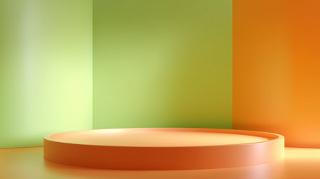Modern minimalistic stage design with vibrant orange and green walls in well-lit spaceの素材