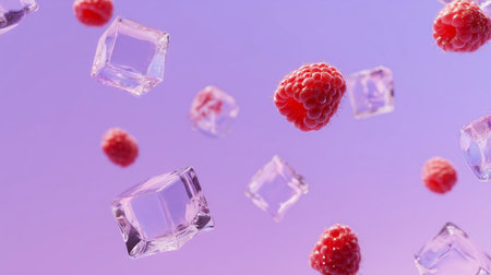 Floating raspberries and ice cubes create a vibrant, refreshing scene in a colored backgroundの素材
