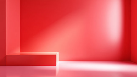 Bright red interior space with smooth surfaces and soft lighting in an artistic settingの素材