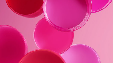 Brightly colored circular containers filled with various shades of pink liquid on a smooth surfaceの素材