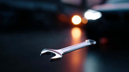 Metal wrench in focus with blurred car lights at dusk in a workshop settingの素材