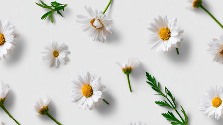 Fresh white daisies and green parsley leaves scattered on a light backgroundの素材