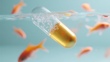 Fish swimming around a golden capsule in clear water with bubbles at a serene hourの素材