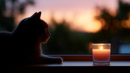 Cat relaxing by a candle during a sunset in a cozy settingの素材