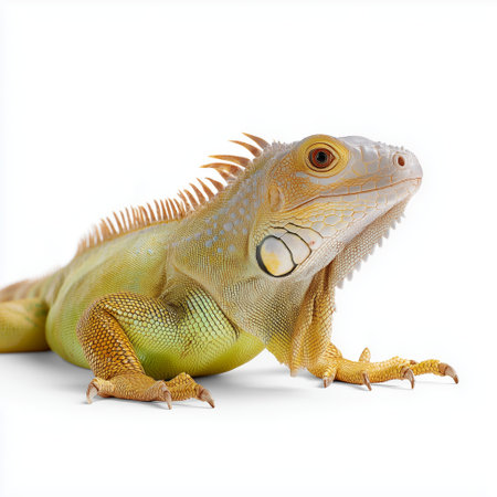Iguana resting on a surface with vibrant green and yellow colors in a bright settingの素材