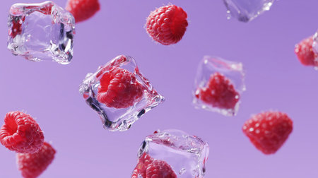 Raspberries and ice cubes floating against a purple background create a vibrant, refreshing sceneの素材