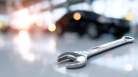 Wrench on a workbench in an auto shop during a busy dayの素材