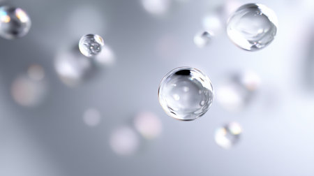 Floating water droplets create a serene atmosphere in a soft backgroundの素材