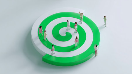 Group of people standing on a green spiral design in a modern art settingの素材